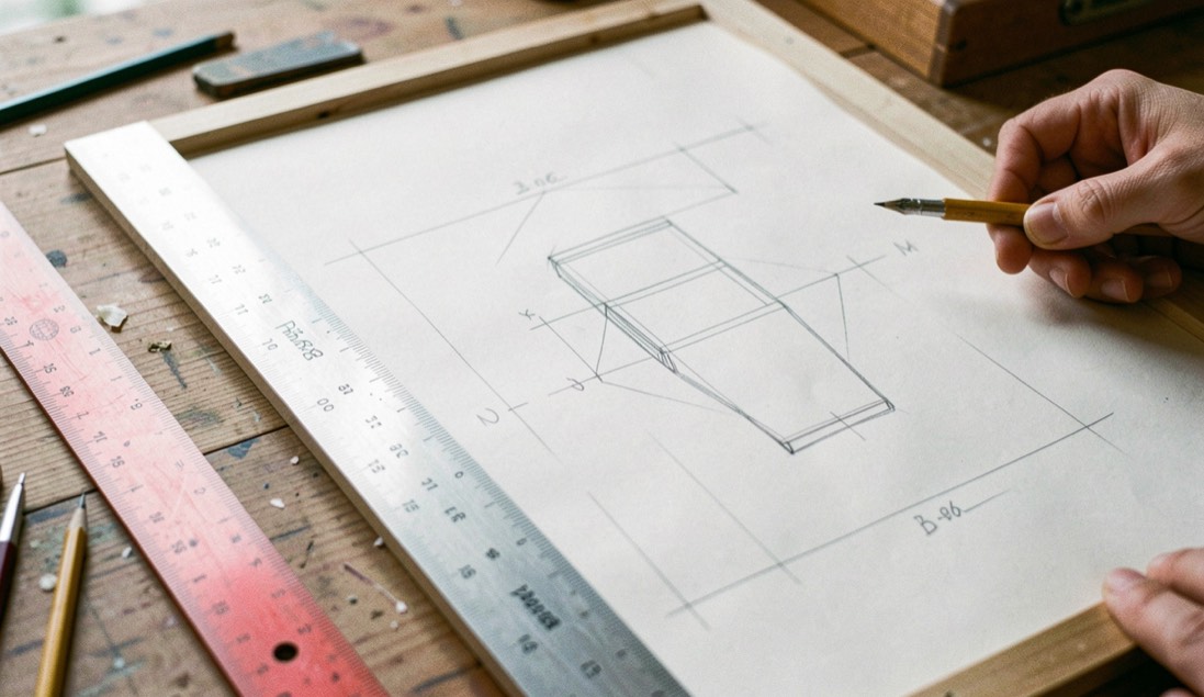 Gabarit d’impression tracé au crayon sur une planche, fond perdu marqué et équerre posée sur le bord