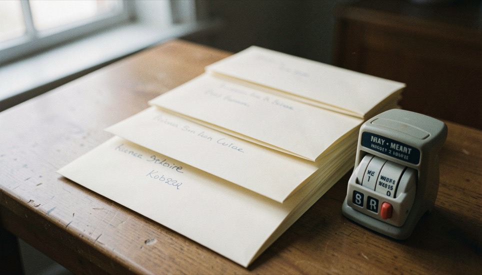 Une pile d’enveloppes fermées alignées sur une table, adresses écrites à la main, tampon dateur à côté
