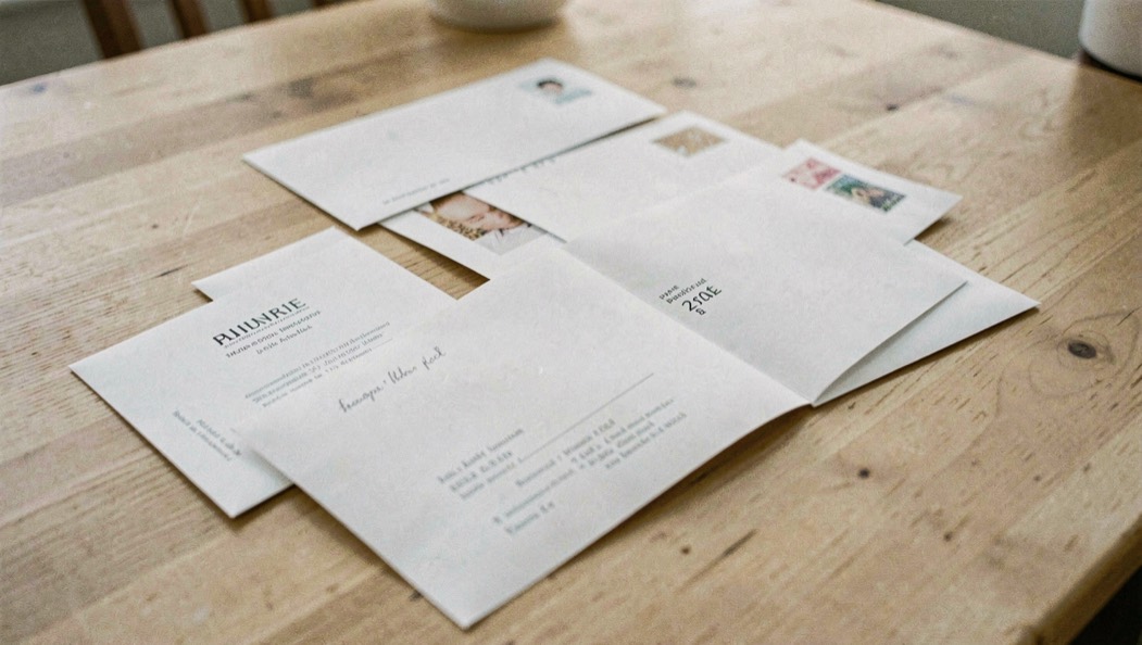 Des faire-part imprimés et leurs enveloppes étalés sur une table de bois clair, une carte ouverte en travers