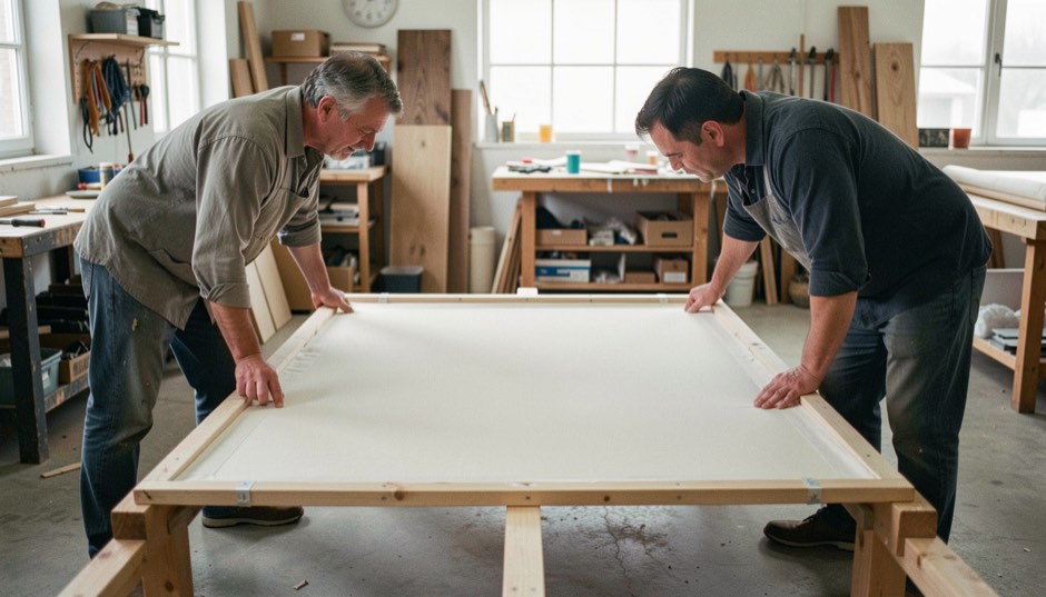 Deux personnes tendent une toile sur un cadre posé à plat, mains sur les angles, atelier en arrière-plan