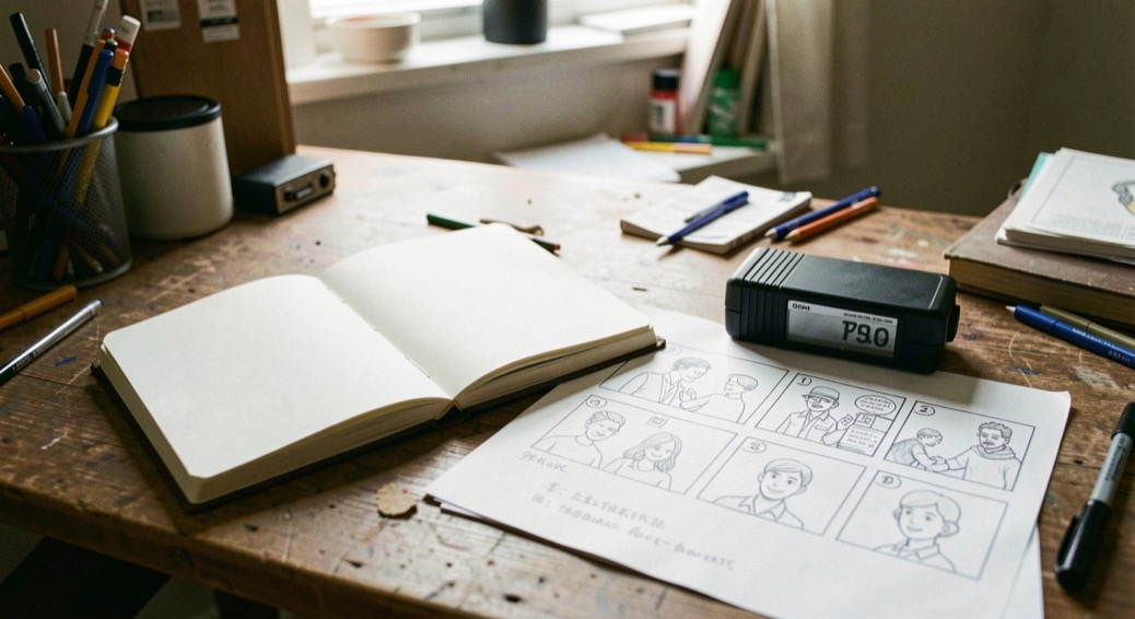 Un carnet ouvert sur une table de travail, un storyboard crayonné à côté d’un boîtier posé dessus