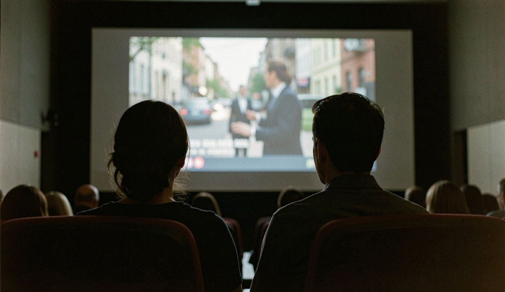 Deux spectateurs de dos devant un écran de cinéma allumé, silhouettes dans la pénombre de la salle