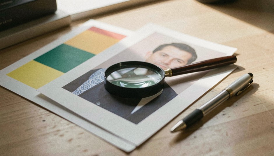 Épreuves couleur étalées sur une table de lumière, une loupe posée sur un portrait imprimé, un stylo en travers