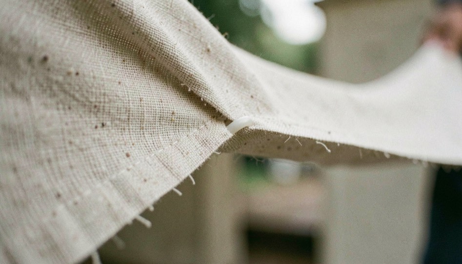 Gros plan d’un textile tendu sur son profil, le jonc silicone glissé dans la gorge et la tension qui efface les plis