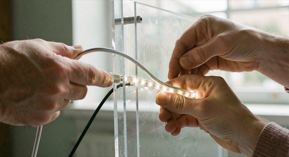 Deux mains raccordent l’alimentation d’un tube LED souple à l’arrière d’une plaque transparente