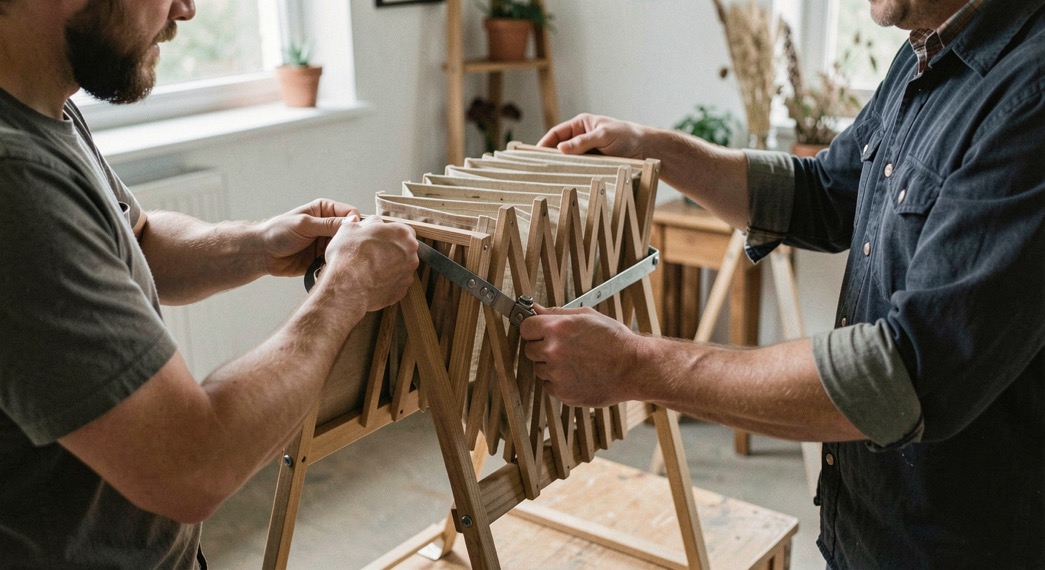 Deux personnes déplient l’armature accordéon d’un photocall et la verrouillent avant de poser la toile