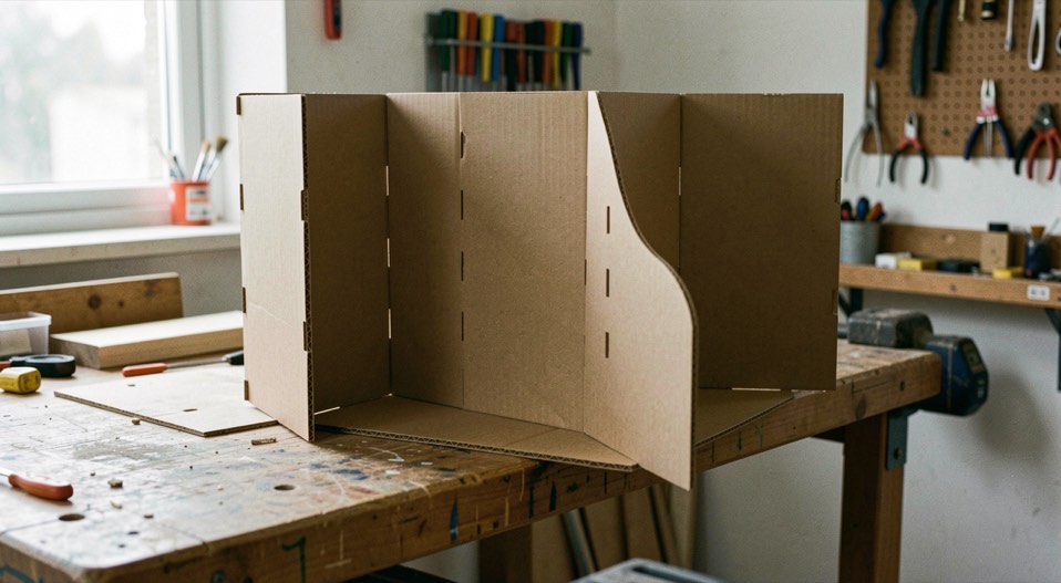 Présentoir de comptoir en carton monté sur une table d’atelier, rabats pliés et encoches emboîtées