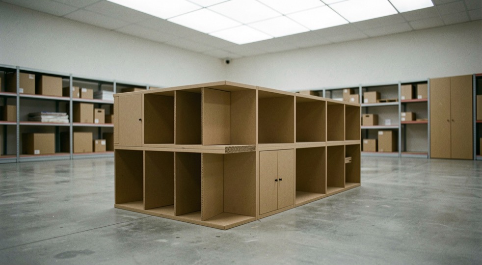 Mobilier léger en carton monté au milieu d’un magasin vide, angles nets et lumière de plafond diffuse