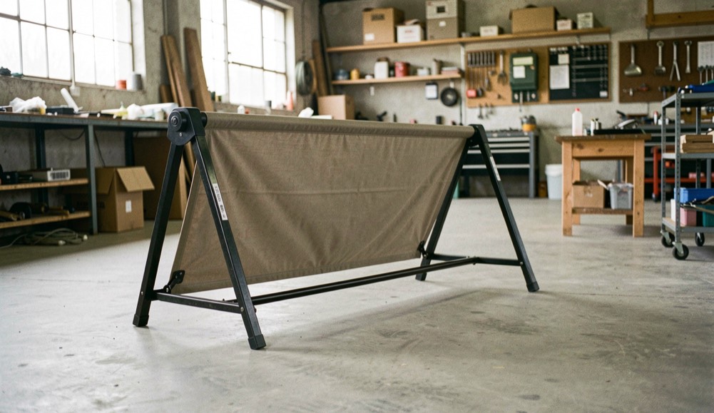 Enrouleur ouvert posé sur un sol béton d’atelier, toile déroulée à mi-hauteur et pied stabilisateur déplié
