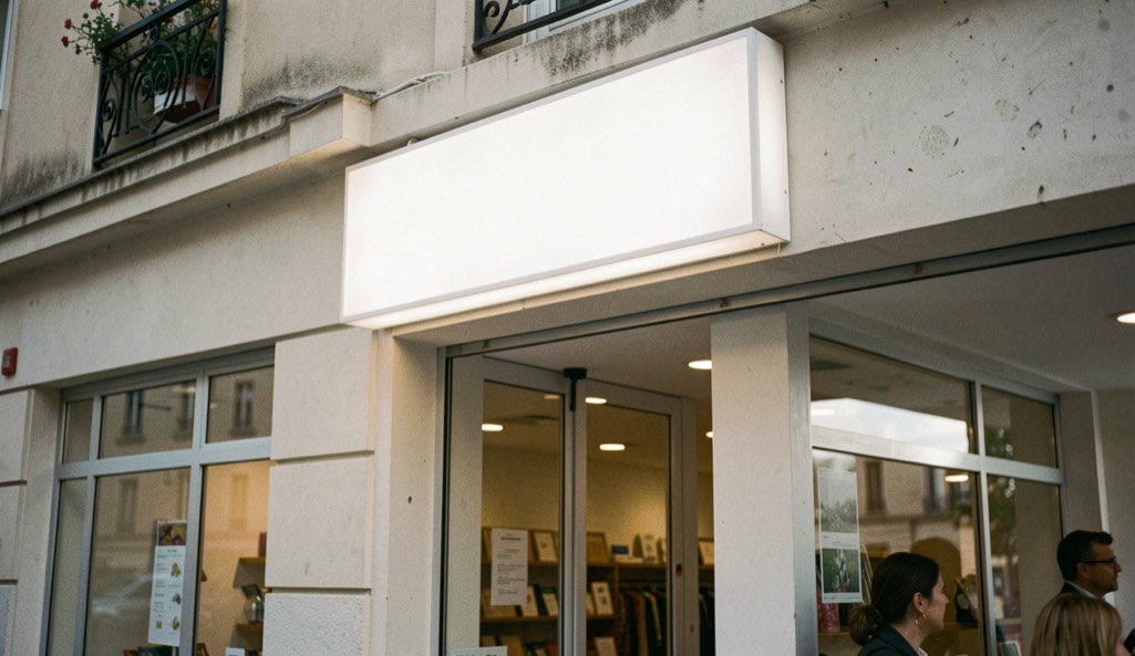 Façade de commerce au petit matin, un caisson lumineux vierge fixé au-dessus de la vitrine, lumière rasante sur la pierre claire