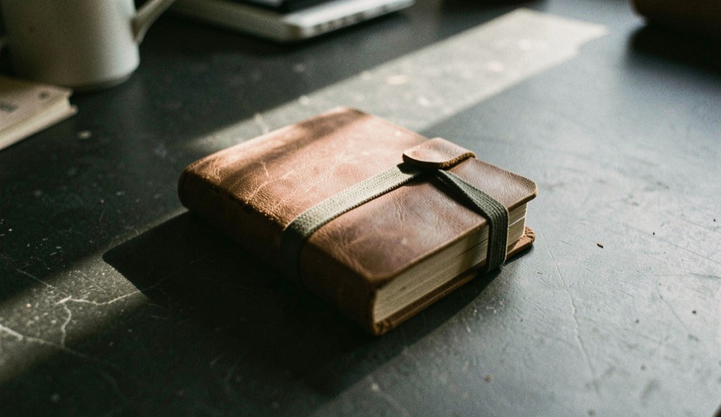 Carnet fermé posé sur un plan de travail sombre, élastique de fermeture tendu et lumière rasante de fin de journée