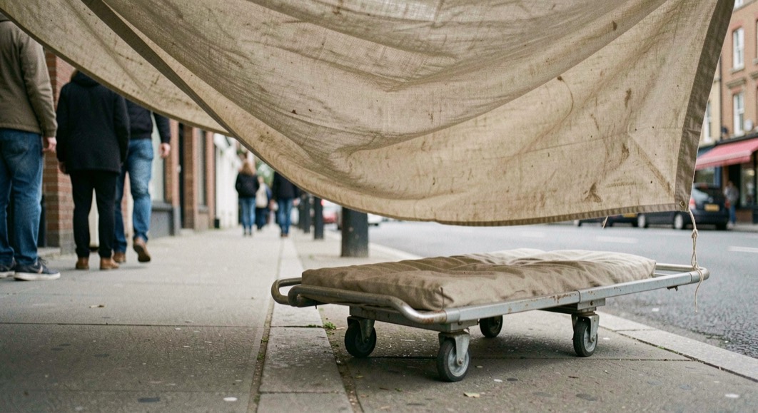 Pied lesté d’un support extérieur posé sur un trottoir, toile tendue par le vent au-dessus