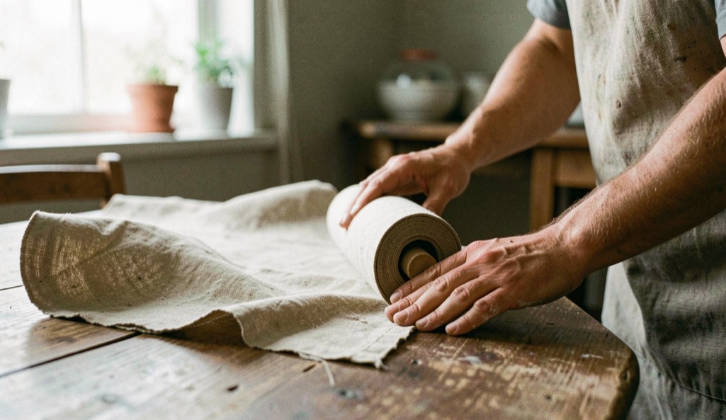 Une toile de support enroulée sur une table, les deux mains guident le rouleau pour éviter les plis