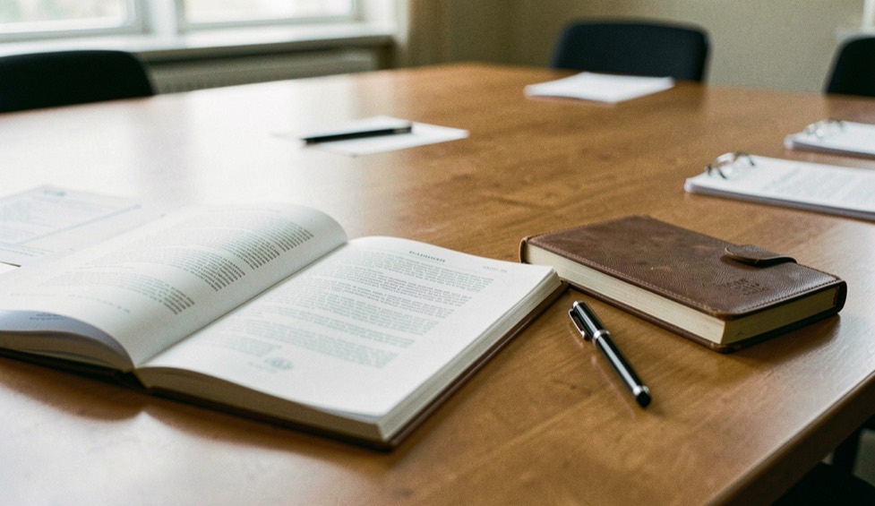 Une table de salle de réunion en fin de journée, dossier papier ouvert, surligneur jaune posé sur un registre imprimé, lumière rasante d’une fenêtre latérale, cadrage serré sur les mains et les documents.