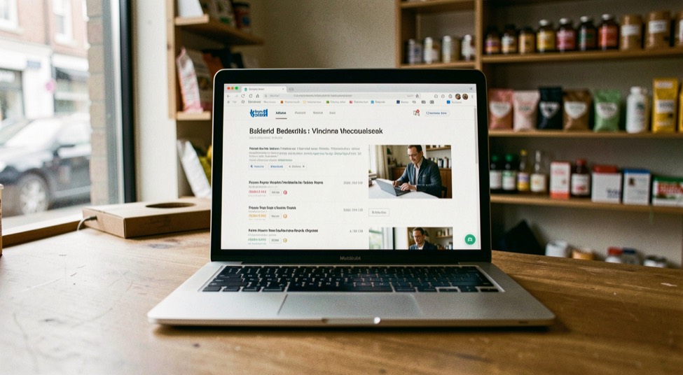 Écran d’ordinateur portable ouvert sur une page de résultats, posé sur le comptoir d’une boutique