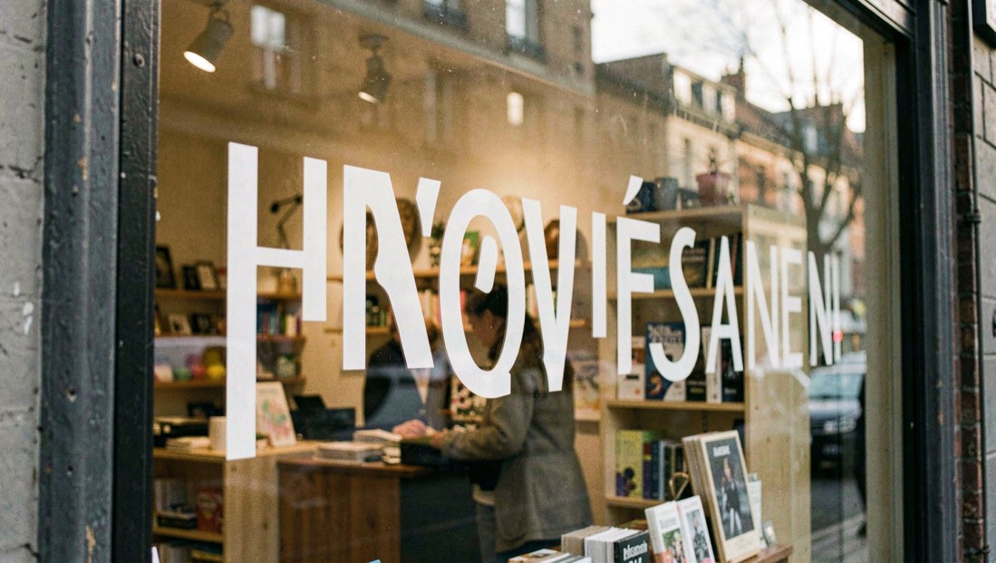 Vitrine de commerce en fin de journée, le nom de la boutique en lettres claires derrière la glace