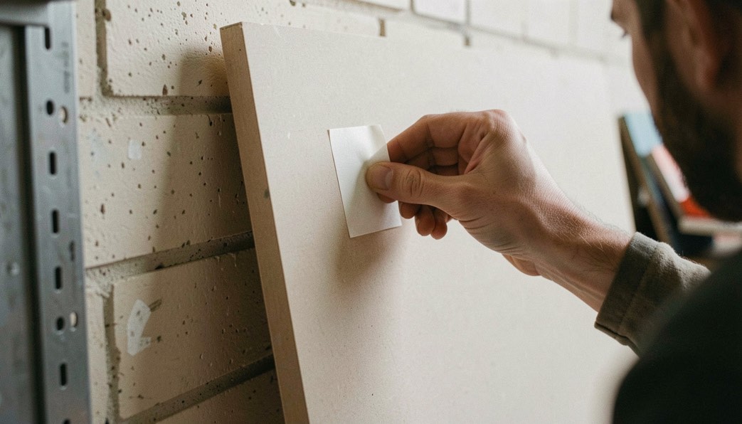 Une main applique un carré adhésif sur l’angle d’un panneau posé debout contre un mur d’atelier
