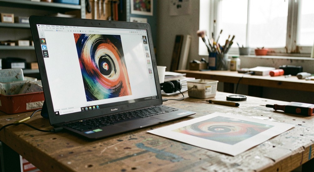 Écran d’atelier affichant un visuel abstrait à côté du même tirage papier posé à plat sur la table